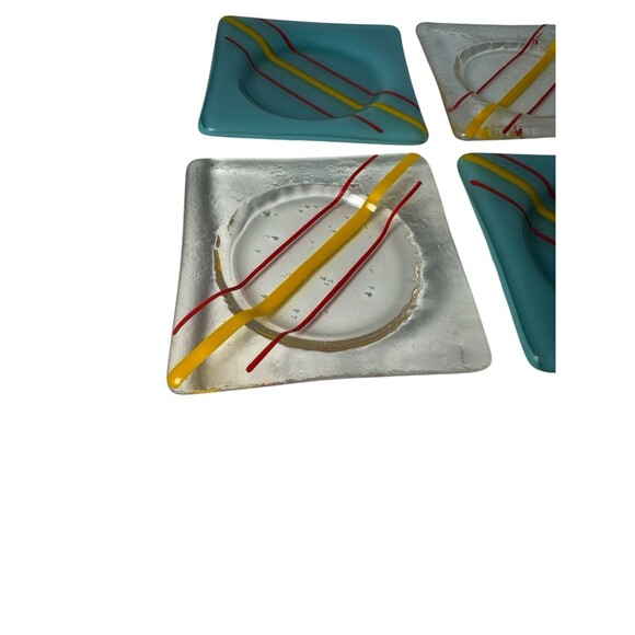 4 Art Glass Fused Artisan Coasters Blue Yellow Red  Trinket bowl Decor Vintage - Picture 5 of 16